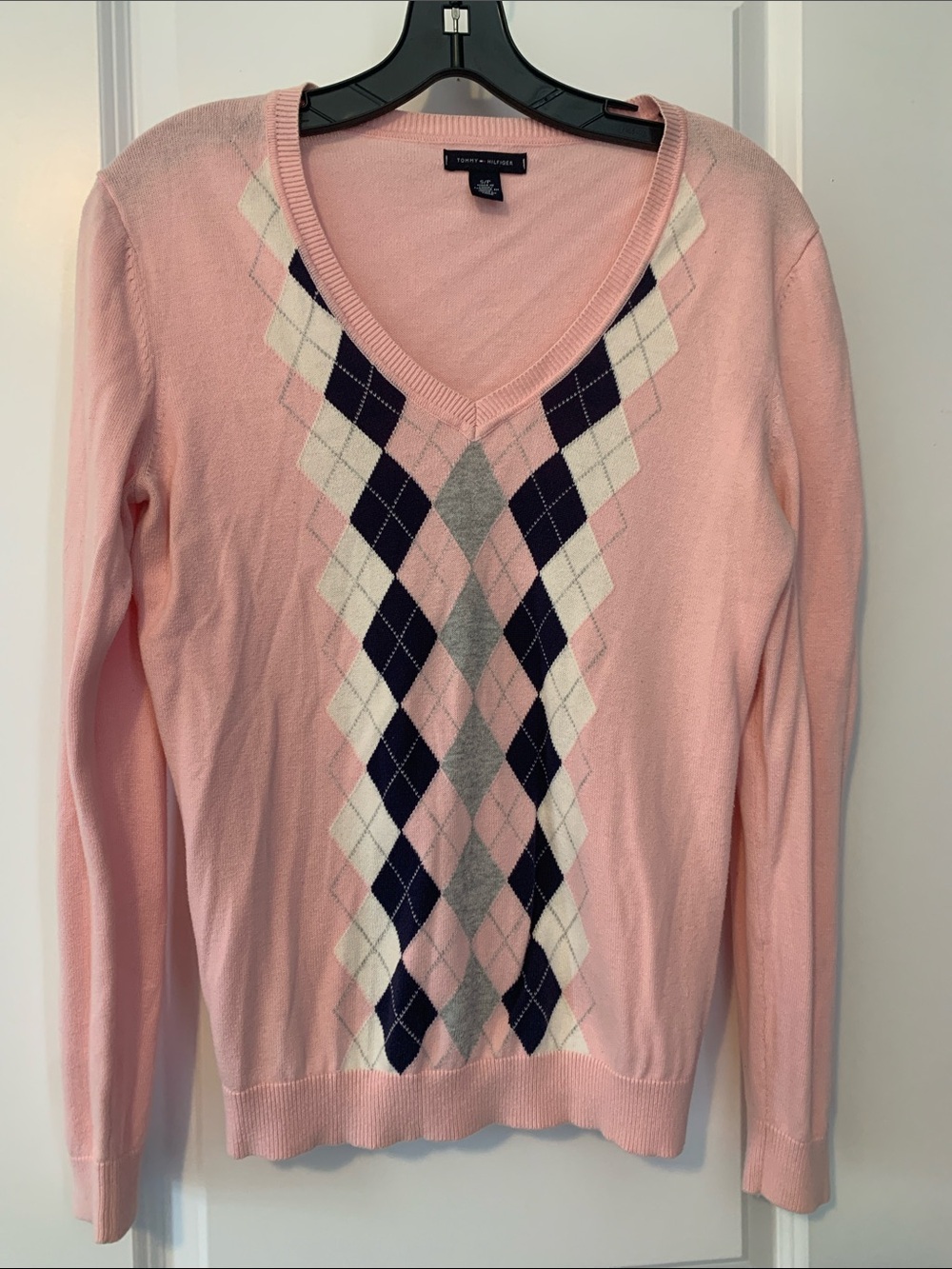Tommy Hilfiger Pink Argyle V-Neck Sweater with Navy and Gray Diamonds